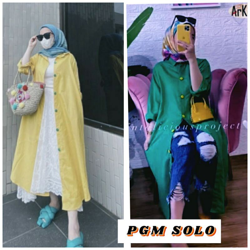 amarelo Long tunik full kancing wanita Ld 115