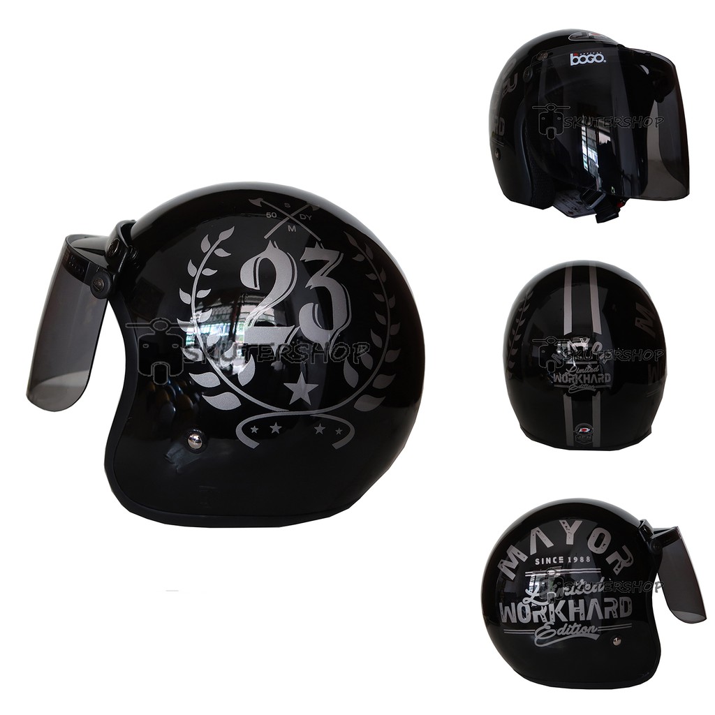 Helm Retro JPN Klasik Mayor Hitam Glossy Kaca Datar Original