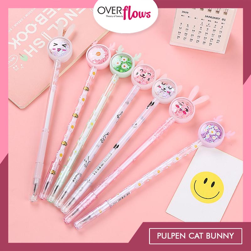 

OVERFLOWS.ID Pulpen Lucu Bunny Cat Bolpoin Sequins Glitter Pen Karakter Kelinci Import Murah