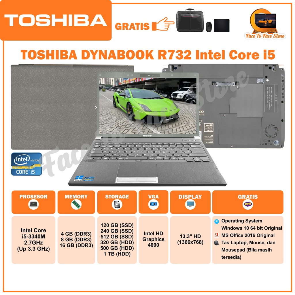 Laptop Terlaris.Toshiba Dynabook R732.Intel Core i5 Generation3.Ram 4GB/8GB/16GB.HDD 320GB/500GB/1TB