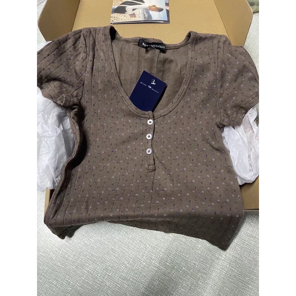 #Sisjuly# Wanita Baru BM Style Floral Print Button Knit Lengan Pendek T-Shirt Wanita