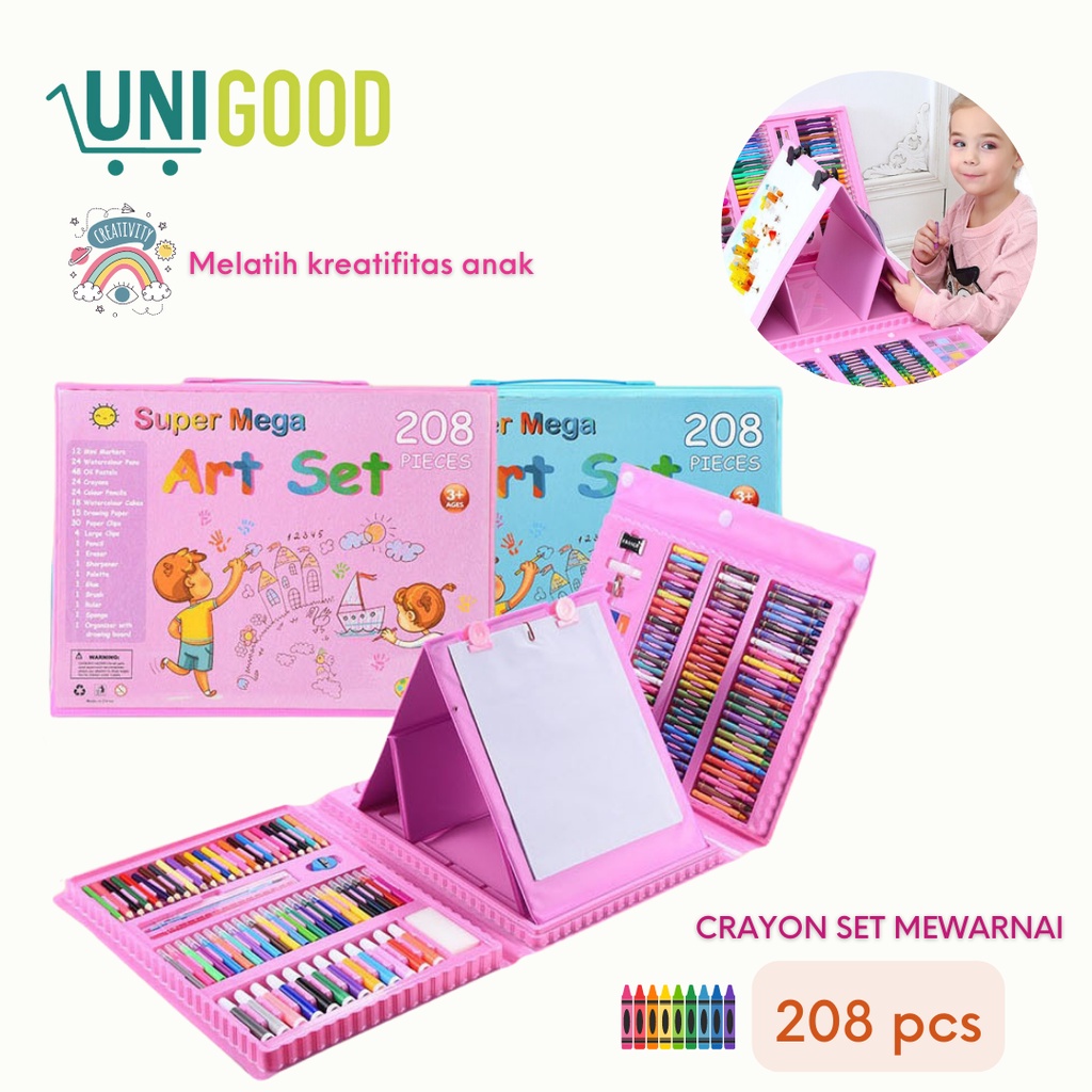 UNIGOOD - Set Crayon 208 Pcs Alat Gambar Mewarnai Anak Pensil Warna Lengkap