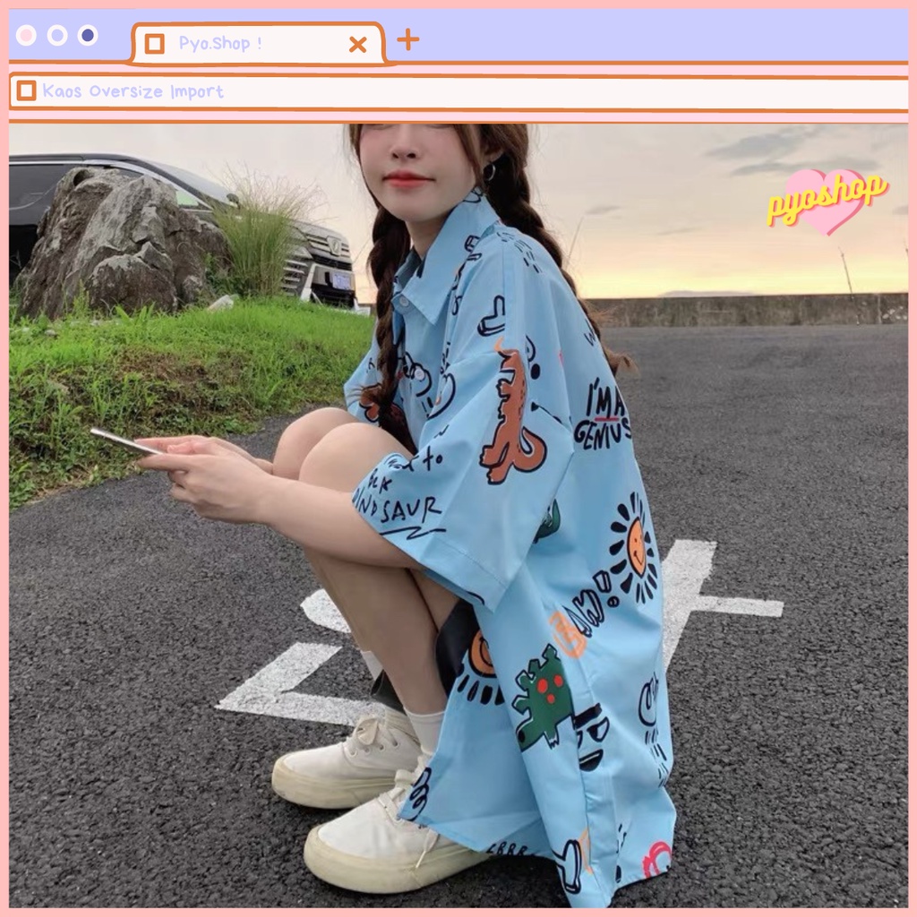 Kemeja Oversize Longgar Fullprint Motif Dinosourus