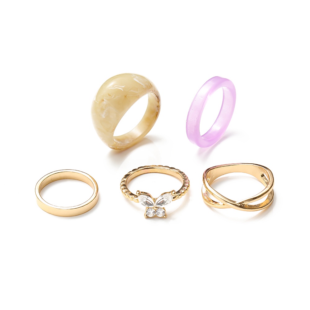 5pcs / Set Cincin Resin Desain Kupu-Kupu Emas Gaya Vintage Untuk Wanita