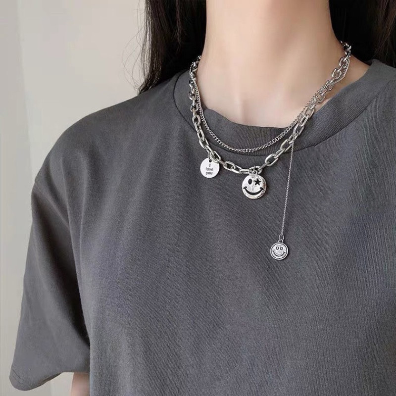Hip-hop Personality Double Smiley Face Pendant Necklace for Women Girl Temperament Sweater Chain Neck Jewelry