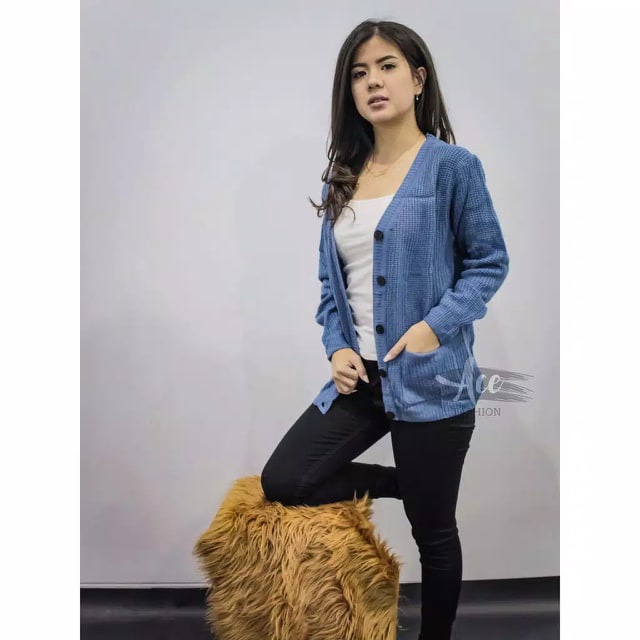 MERISSA Gardigan Cardigan Rajut Tebal Wanita Panjang Jumbo Oversize - Kardigan Cardingan Korea Polos-Denim