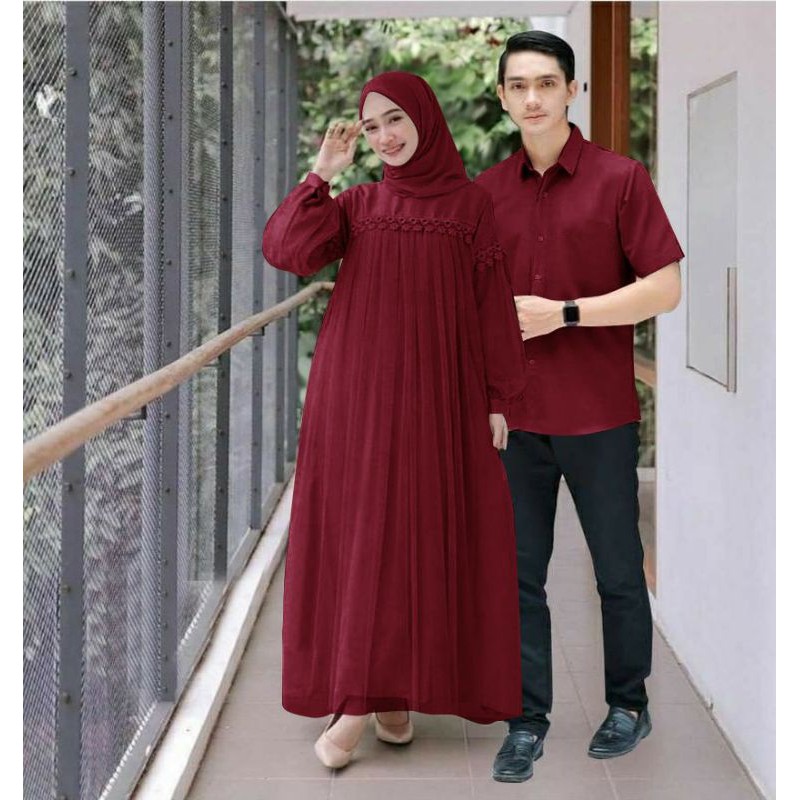 PCS CP COUPLE NURAINI RENDA MOSCREPE PASANGAN KEMEJA COWO DAN GAMIS MAXY CEWE ADA VIDEO REVIEW PMS