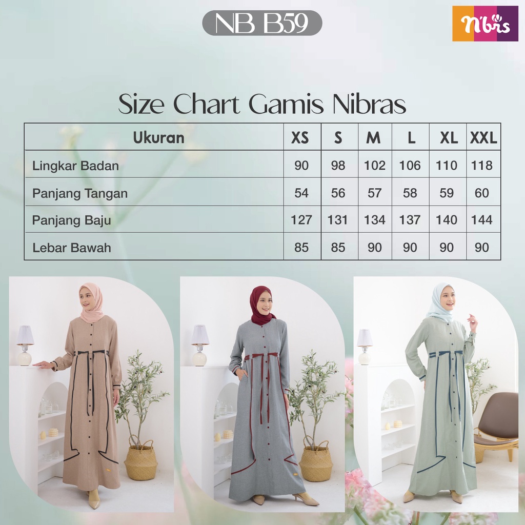 Gamis Nibras NB B59 Bahan Pessiva Dress Musmulim Simple Warna Soft Daily OOTD