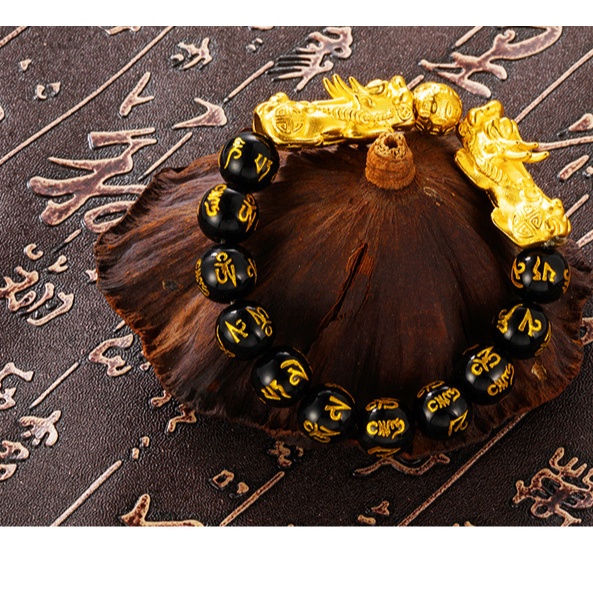 Gelang Manik-Manik Batu Akik Obsidian Warna Emas Untuk Pria