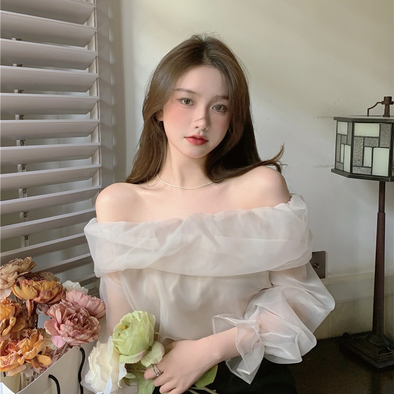 blouse korea kemej off-the-shoulder one-shoulder jahitan mesh kemeja lengan panjang french shirt top