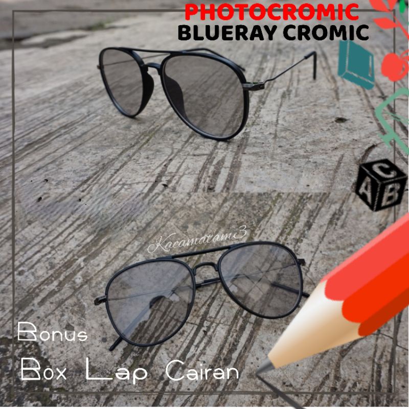 kacamata Aviator lensa photocromic | bluecromic bonus box lap cairan pembersih kacamata kode 2191 size 52-19-142