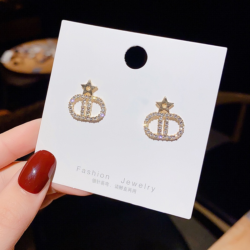 Anting 925 silver needle Aksen Berlian Zirkon Bersinar Desain Huruf