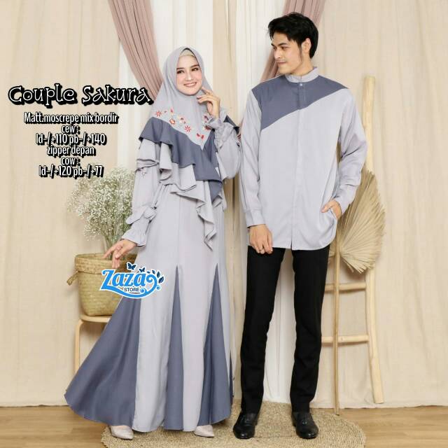Couple ayah ibu couple gamis syari set dan koko panjang sarimbit gamis free jilbab Couple Sakura