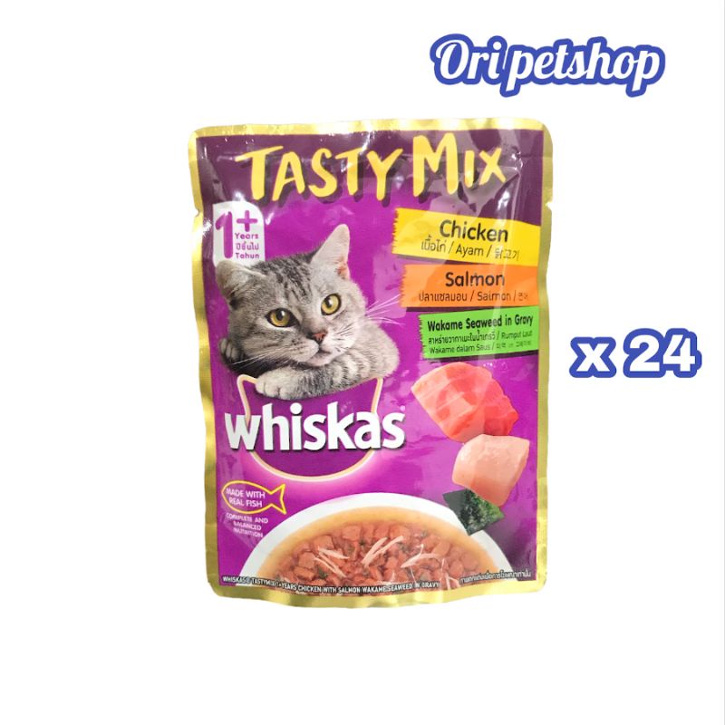 (1dus isi 24pcs) Whiskas Tasty Mix Pouch Sachet 70gr - Chicken Salmon Wekame Seaweed In Gravvy