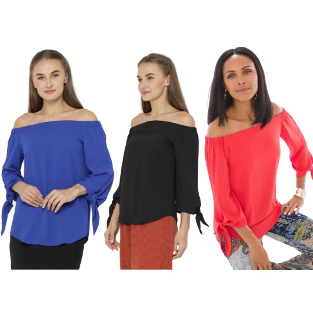 CHICOS Blouse Wanita Offshoulder Tiesleeve Cobalt Blue Peach Black