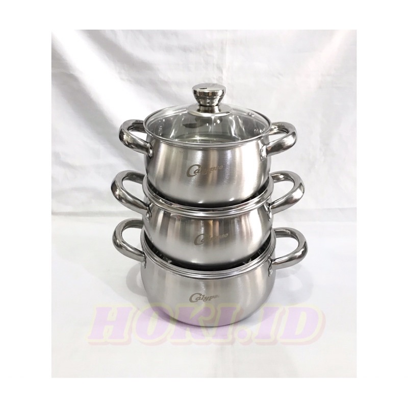 panci set stainless tutup kaca susun 3