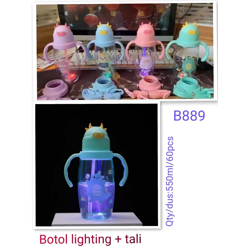 Botol Minum Anak Lighting Motif / Karakter Sapi Dengan Lampu LED 2 In 1 Gagang + Tali 550ml B889