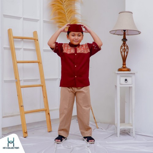 Setelan Baju Muslim Koko Bordir + Peci Premiun Setelan Lengan Pendek Pakaian Anak Laki Laki Model Te