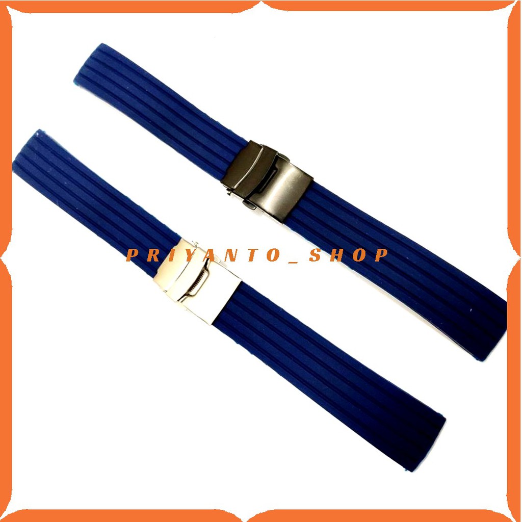 Strap Tali Jam Tangan Rubber Model Salur 18mm 20mm 22mm 24mm biru Navy