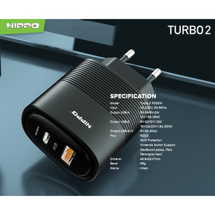 Hippo Adaptor Turbo 2 PD 30W Quick Fast Charging 3.0 Travel Adapter Kepala Casan Colokan Charger Rumah type C Power Delivery QC Dual Port Output USB A USB C