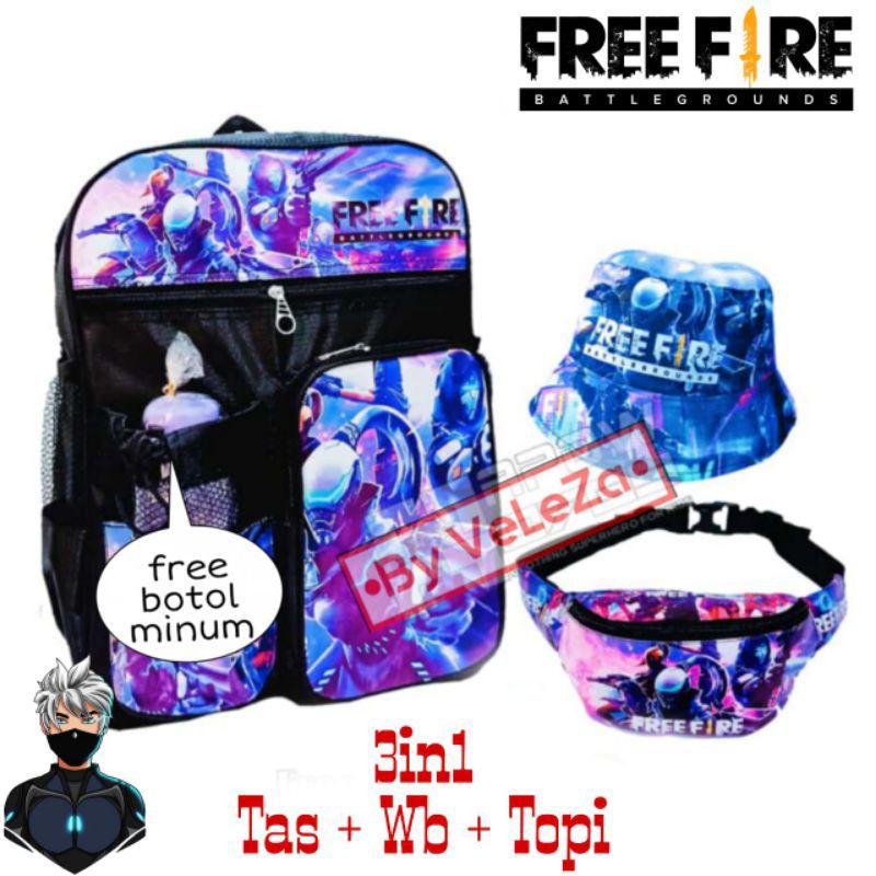 Tas ransel anak laki-laki karakter free fire 3in1 - tas + tas selempang + topi gratis botol minum