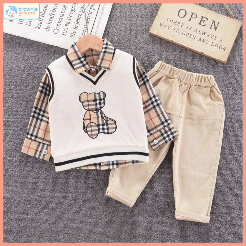 [COD]  setelan 3in1 keren motif vest burcream &amp; burgrey import anak laki-laki premium