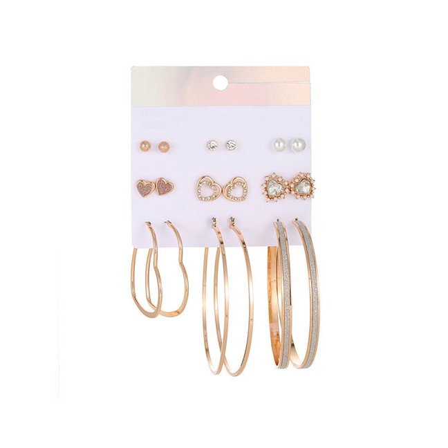 LRC Anting Set Fashion Gold Artificial pearl-studded Heart-shaped Earrings Set D32526