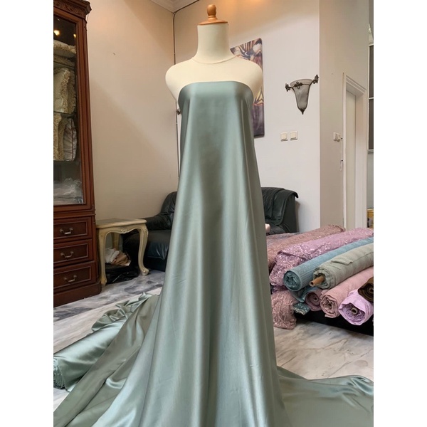 Kain Satin Saten Silk Meteran Bahan Bridesmaid Maxmara Original 100% Warna Ash Green Hijau Sage Muda