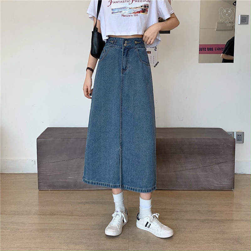 Rok denim split gaya Korea rok a-line wanita berpinggang tinggi sedang untuk menutupi rok pinggul selangkangan