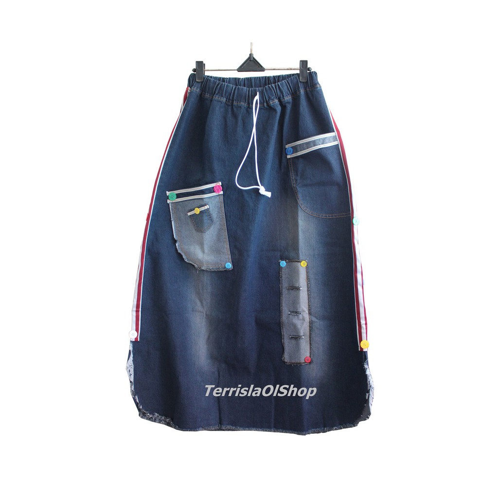 Rok Jeans Panjang Wanita Rok Rawis Rumbai Pinggang Karet Jeans Stretch Tebal Variasi Tambal