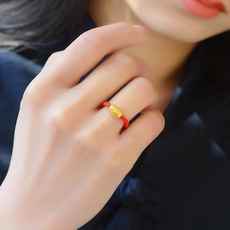 Cincin Tali Merah hand woven Hias Manik-Manik Emas Kecil Untuk Pria Dan Wanita