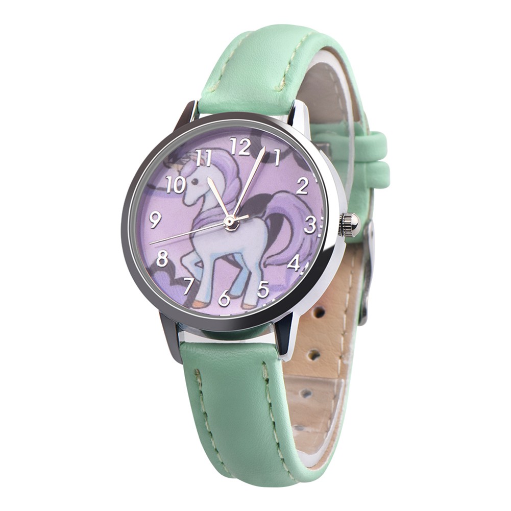 Jam Tangan Quartz Analog Gambar Kartun Unicorn Strap Kulit Imitasi