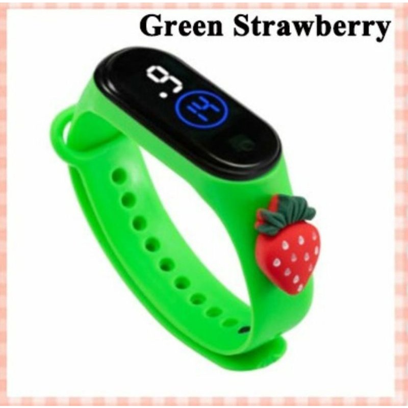 Jam tangan anak Elektronik LED display Tahan Air karakter motif kartun lucu  bahan rubber-Green Strawberry