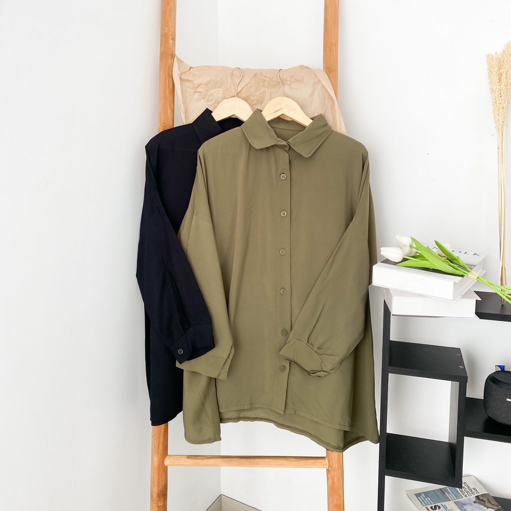 Blouse Blus Blous Atasan Kemeja Pakaian Oversize Bigsize Lengan Balon Panjang Polos Kerut Warna Hita