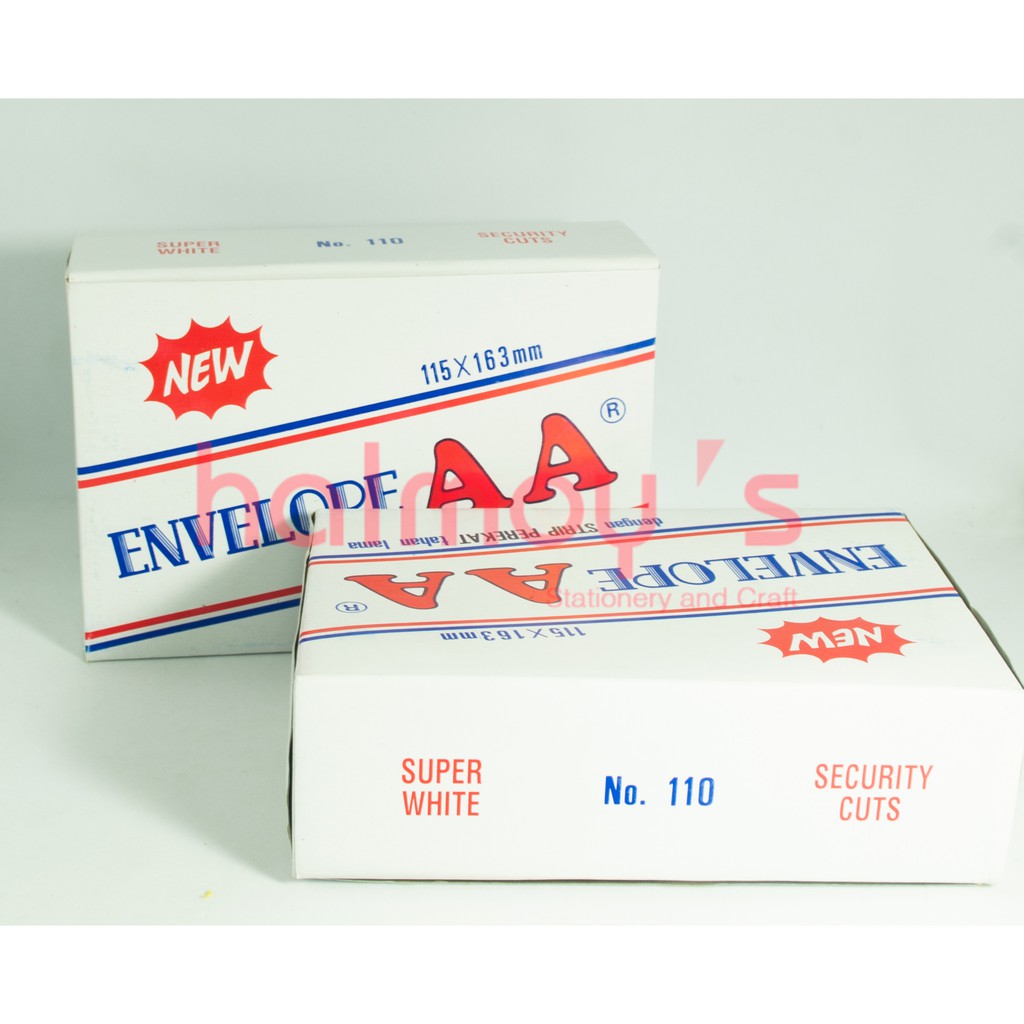 

AMPLOP AA NO. 110 ( 115 X 163 MM ) DENGAN PEREKAT ( 1 BOX = 100 PCS )