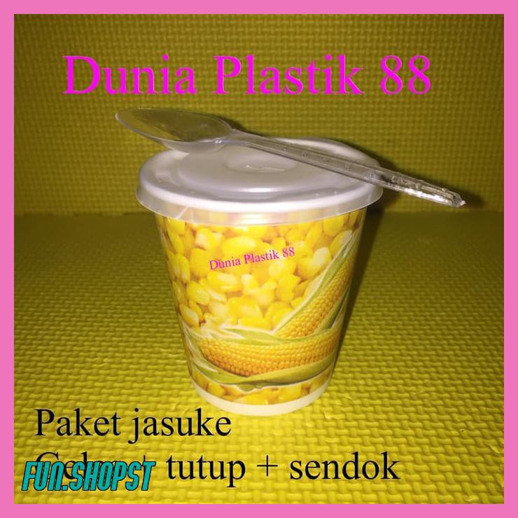 @50SET PAKET JASUKE GELAS KERTAS PAPER CUP 6,5OZ+ TUTUP +SENDOK JAGUNG