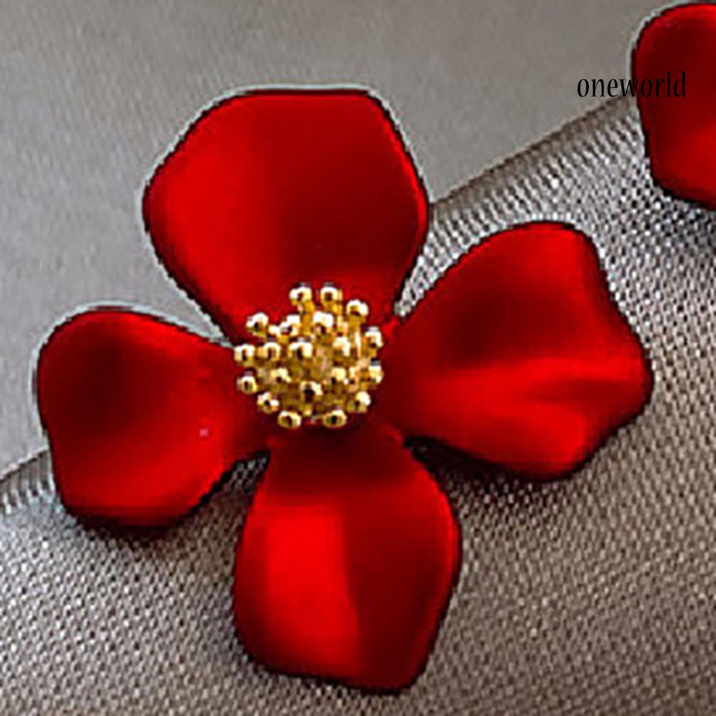 OW# 1 Pair Women Sweet Red Flower Shape Four Petals Ear Stud Earring Jewelry Accessory