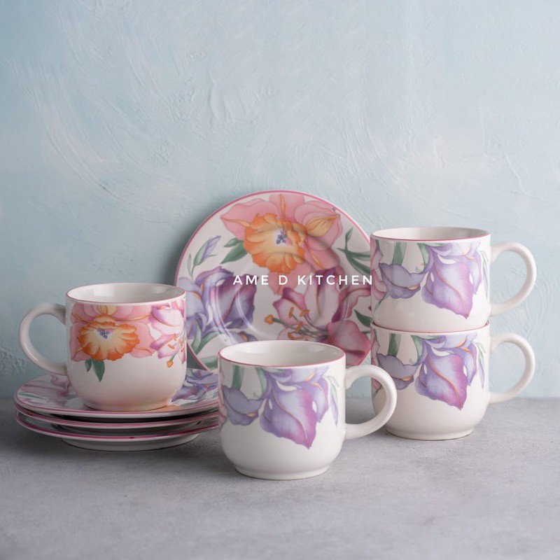 SALE Cangkir lepek keramik set isi 4 Sango motif bunga