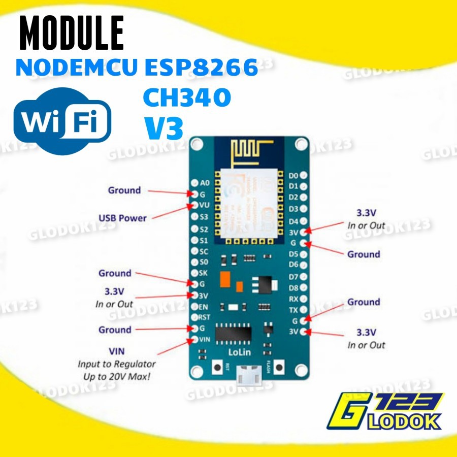 NodeMcu LUA Wifi V3 4mb 32Mbits CH340 Flash ESP8266 ESP12 Board Module