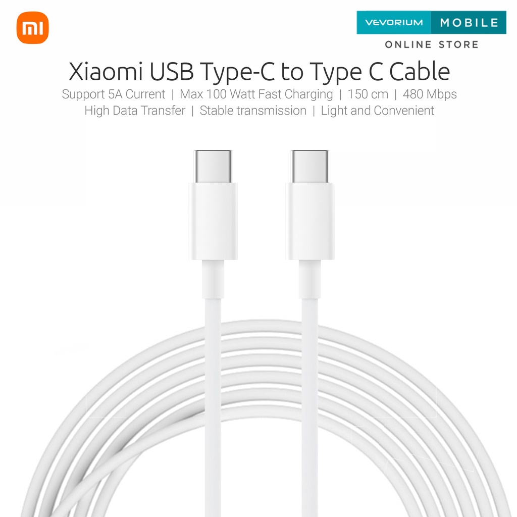 Xiaomi Mi 5A 100W PD 1.5m USB Type C to Type C Cable Kabel Data Laptop Notebook Ultrabook Tablet Android 5A 150cm C to C Turbo Fast Charger 100 Watt Kabel Cas Original Power Delivery