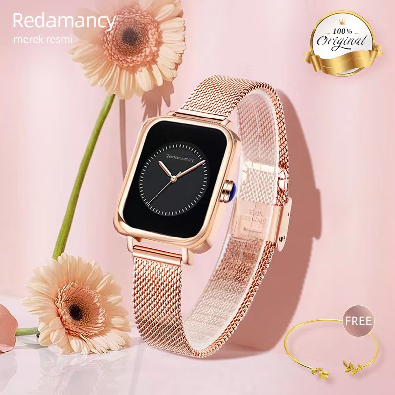 Redamancy Jam Tangan Wanita Original Mode Bisnis Display Kuarsa Jam Wanita Tali Jala Tahan Air Jam Tangan Cewek Jam RoseBlack-sabuk baja-1