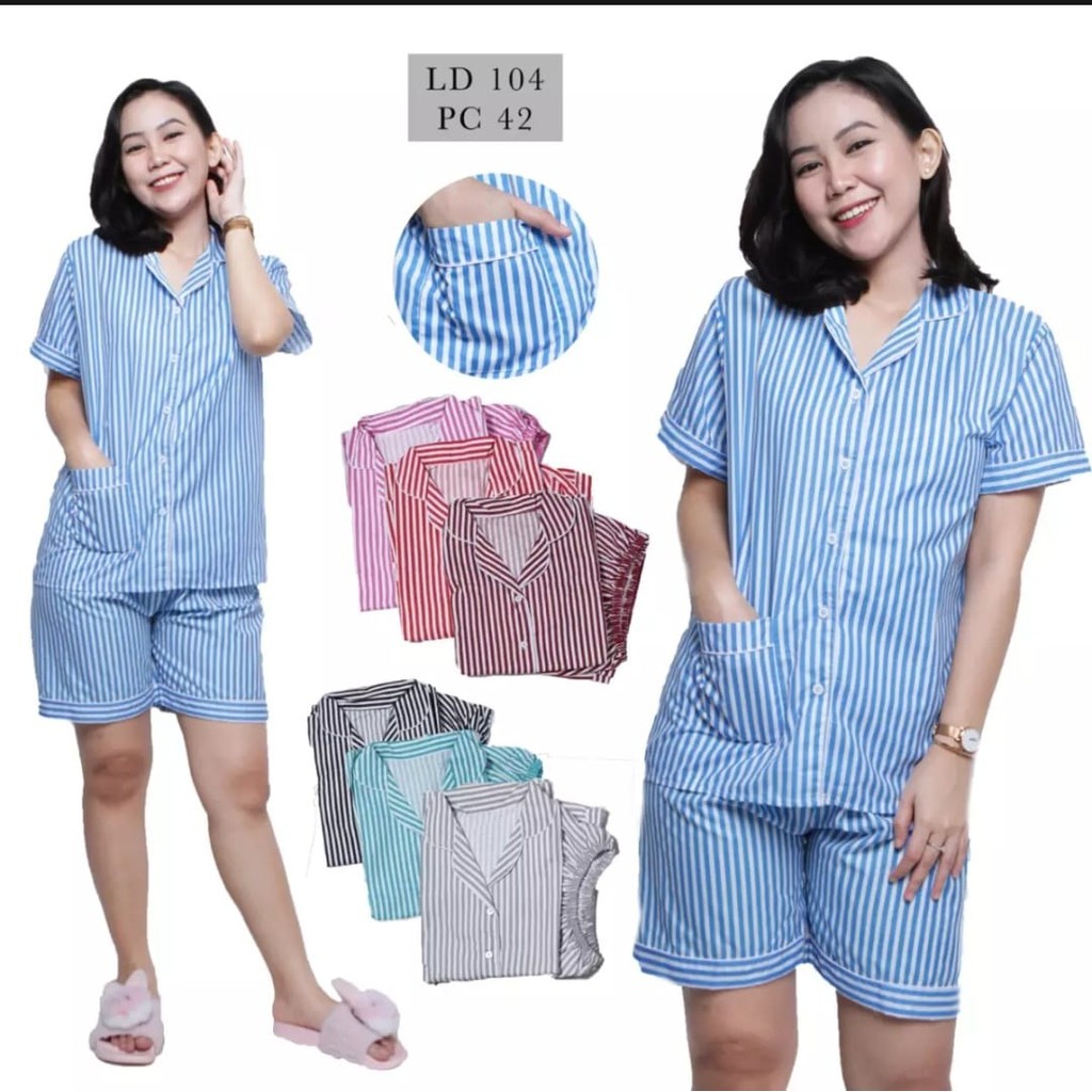 CIAHAW Baju Tidur Piyama Wanita  Model HP Salur/Pakaian Baju Tidur Piyama