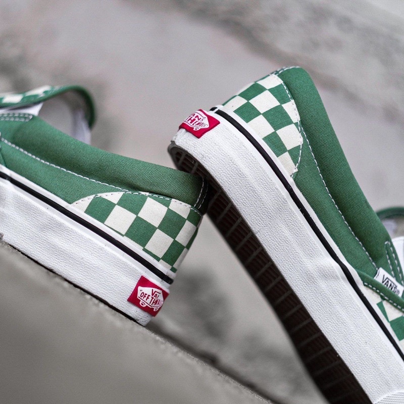 VANS SLIP-ON CHECKERBOARD SHALE GREEN/WHITE CLASSIC ORIGINAL 100%