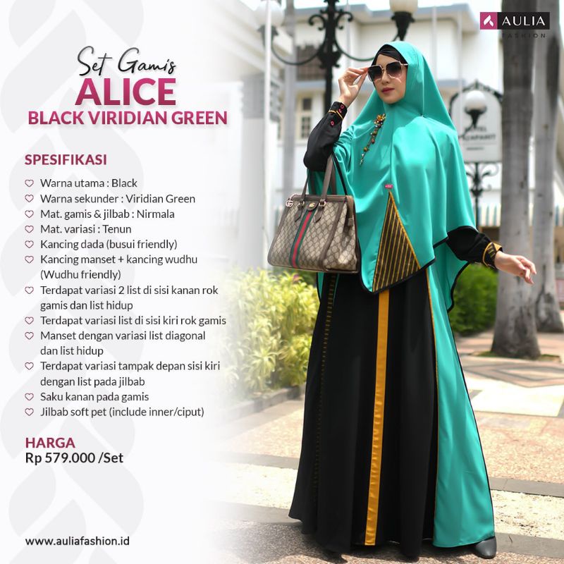 SET GAMIS TERBARU AULIA FASHION "ALICE BLACK VIRIDIAN GREEN" GAMIS KEKINIAN BAHAN ADEM MODEL ELEGAN 