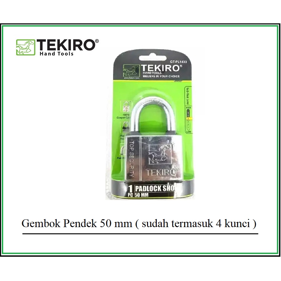 TEKIRO Gembok Leher pendek 50 mm PADLOCK SHORT / Gembok Pendek 50mm 4 anak kunci Gembok Rumah Pagar 50 mm