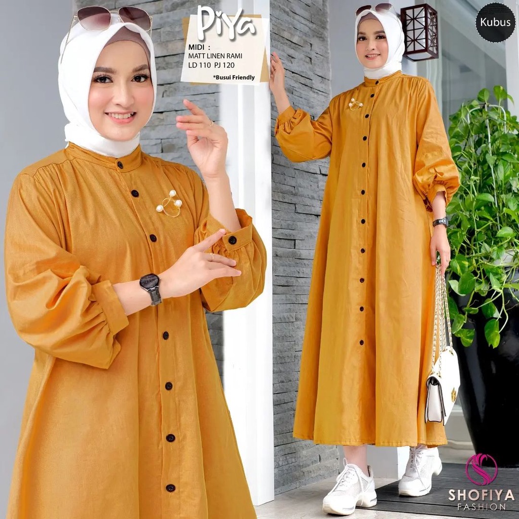 Piya Midi Dress Gamis Linen Rami Gamis Polos Jumbo Long Dress Muslim Midi Dress Busui Baju Remaja Kekinian