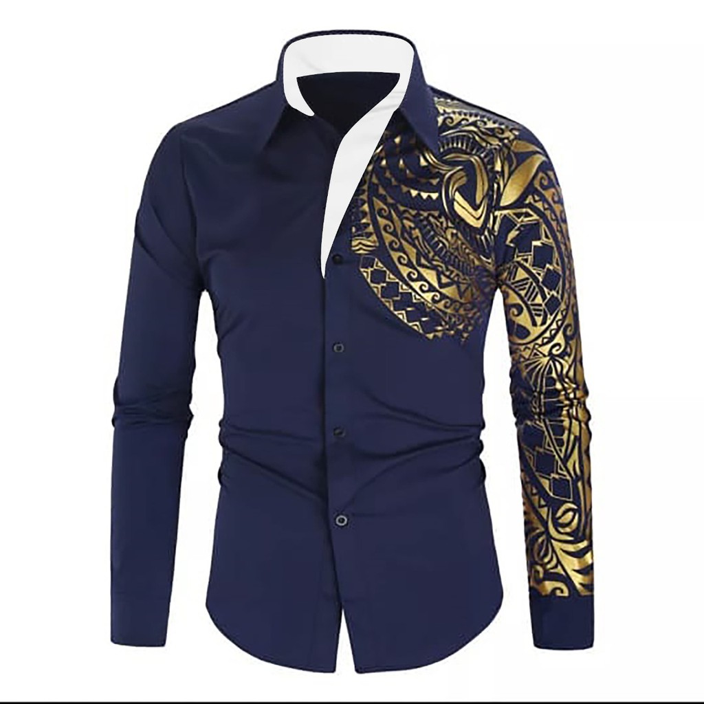 Kemeja lengan panjang A sablon foil emas Rocky