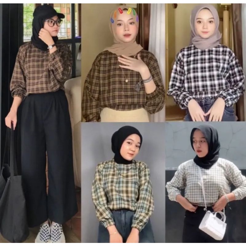 TARTAN CROP BLOUSE | KEMEJA CROP | LENGAN KARET BALON BEST SELLER