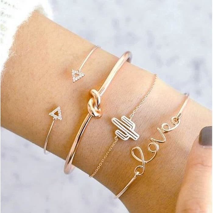 Satu Set Gelang Wanita Triangle Knot Love Cactus Gold Opening Bangle C