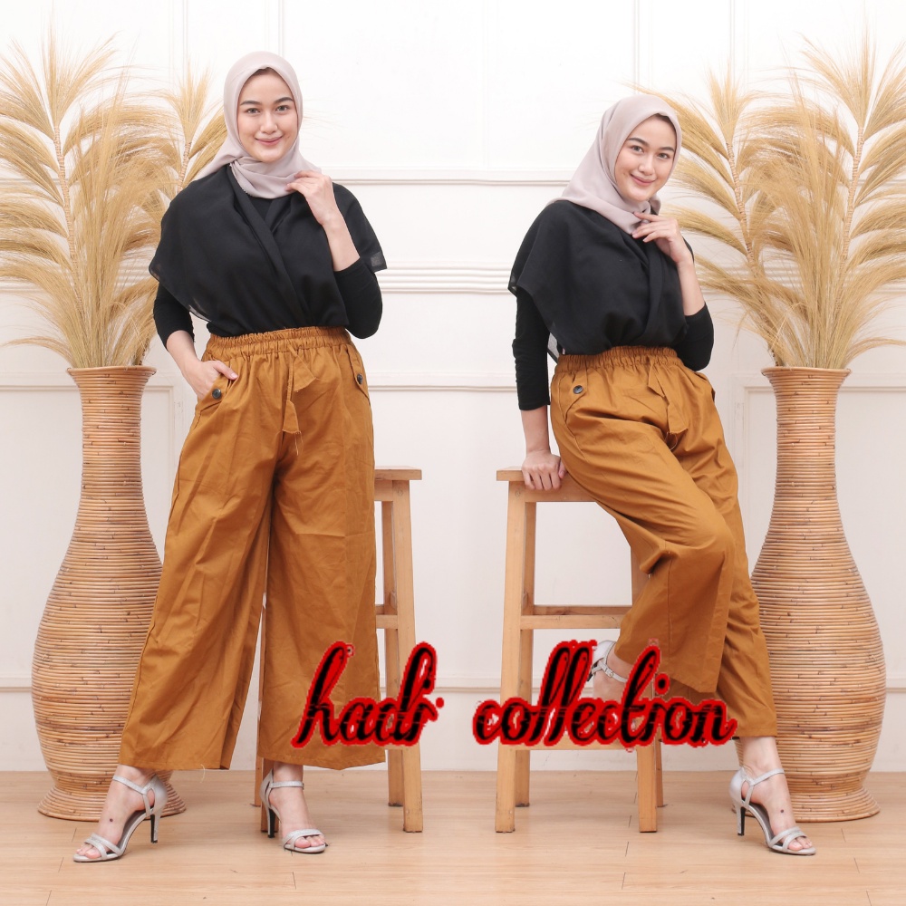 Celana Kulot Linen Rami Highwaist Pinggang Karet Wide Leg Cullote